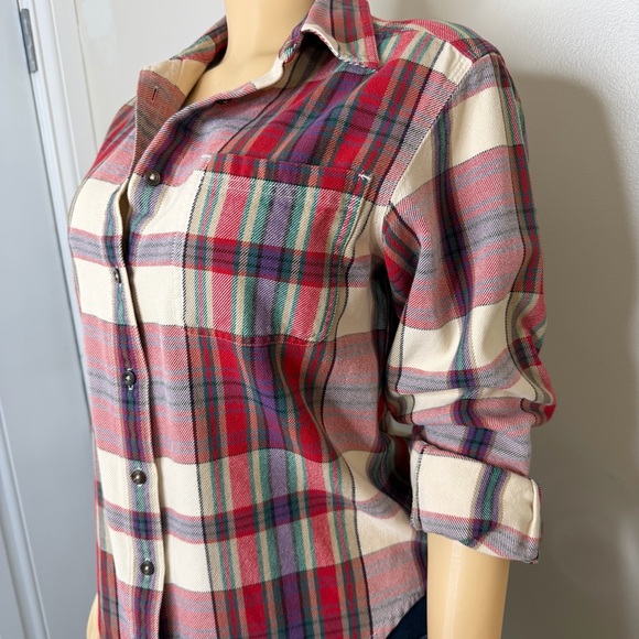 Eddie Bauer Red, Cream, Blue, Purple, Green Soft Woven Plaid Button Down Shirt - Picture 4 of 11